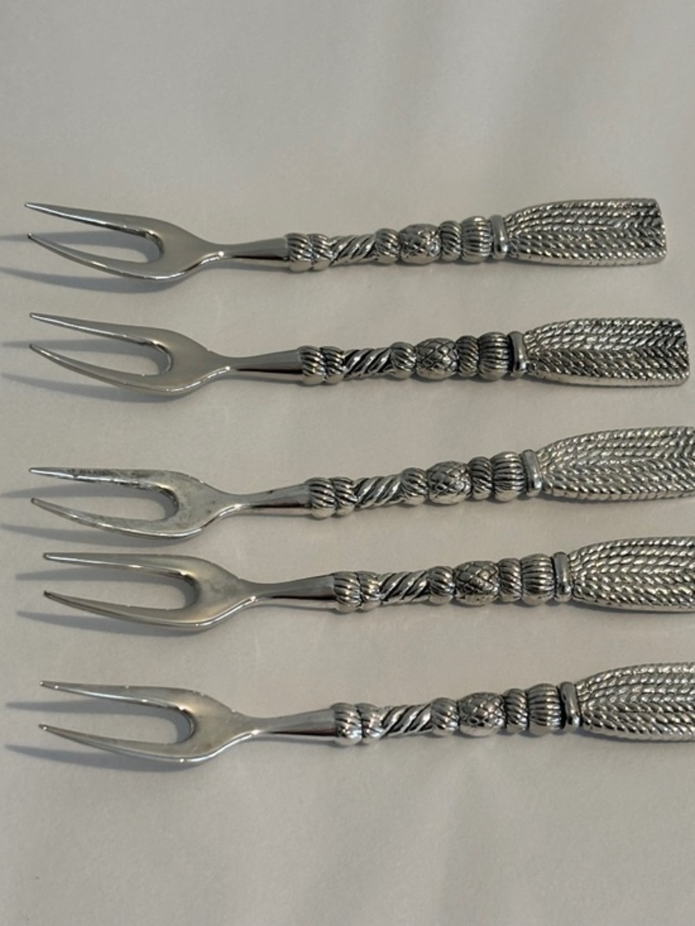 Vintage Silea silver plated appetizer forks braided rope tassel design set of 5